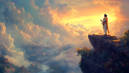 Solitary robed figure surveys luminous cloudscape at sunrise