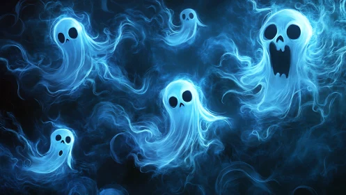 Multiple blue ghost figures float in swirling luminous fog