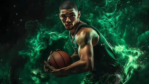 Dynamic basketball portrait with emerald energy effects.