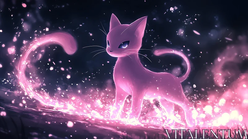 Starlit pink spirit cat strides through sparkling nightfire.