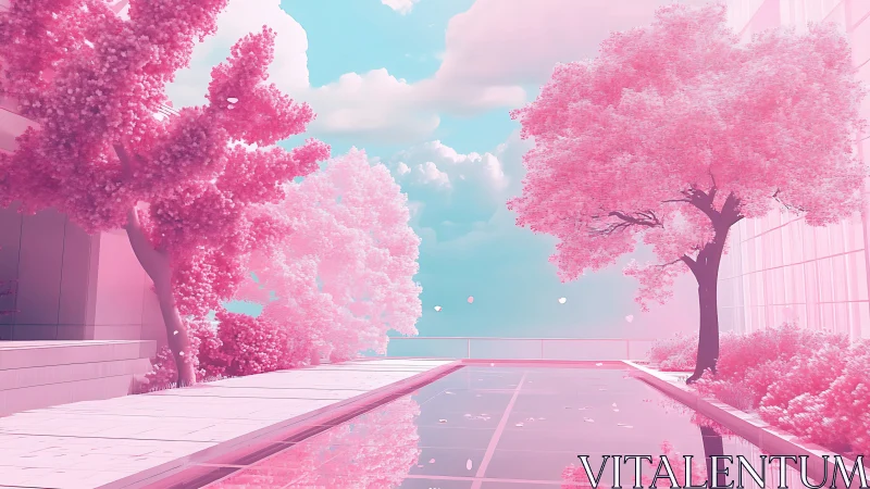 Infrared-toned rooftop garden courtyard with reflective pool and trees