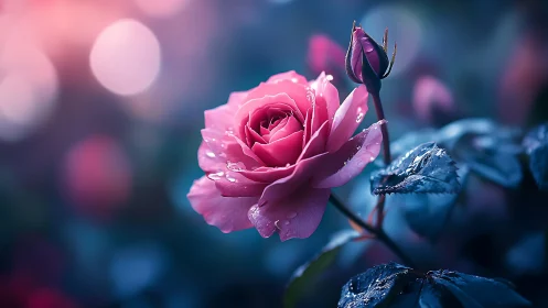 Pink Rose in Bloom with Dewdrops Against Blue Bokeh.