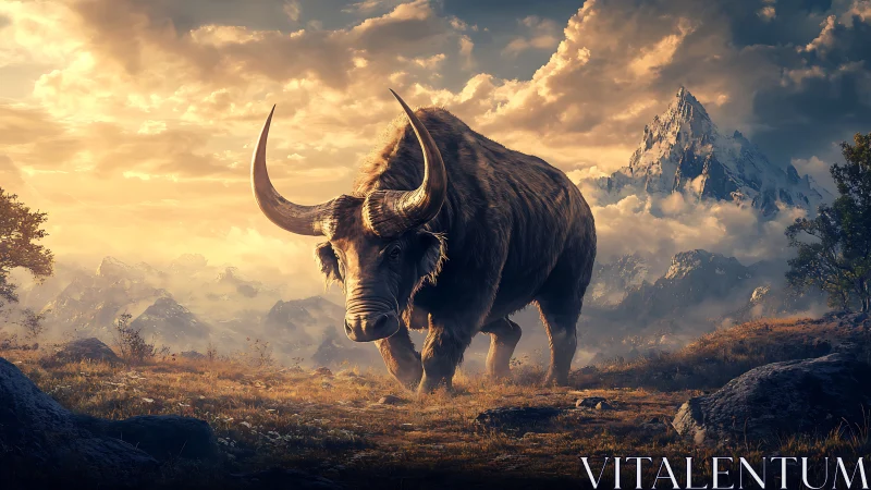 Massive horned beast strides toward viewer under stormy sky