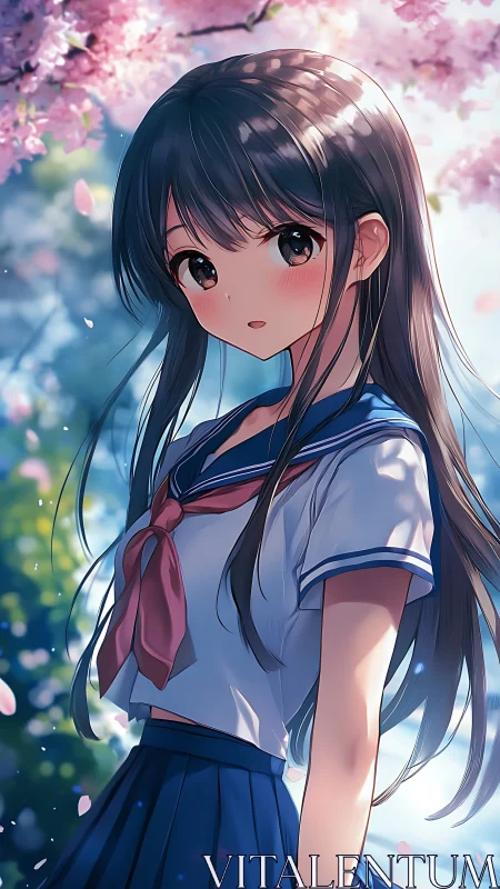Schoolgirl stands under spring cherry blossoms in uniform