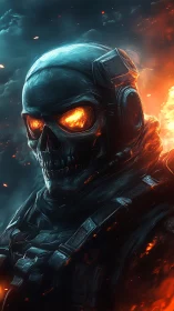 Armored flaming skull soldier in dramatic fire and smoke.