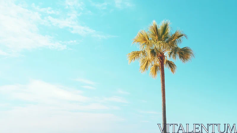Single Tall Palm Tree Against Clear Blue Sky, Minimalist Style.