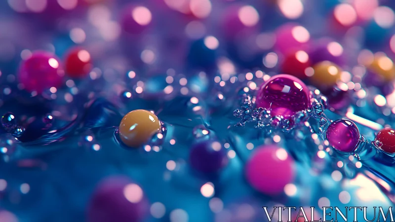 Vibrant Abstract Macro of Colorful Spheres on Glossy Blue Surface.
