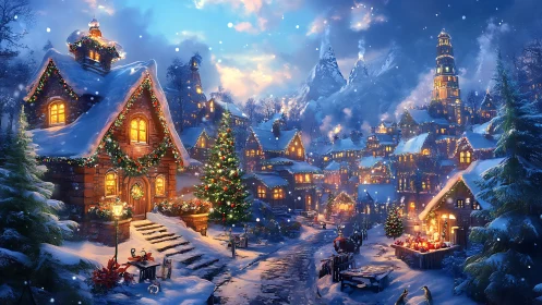 Snow covered village street shows warm lit Christmas houses