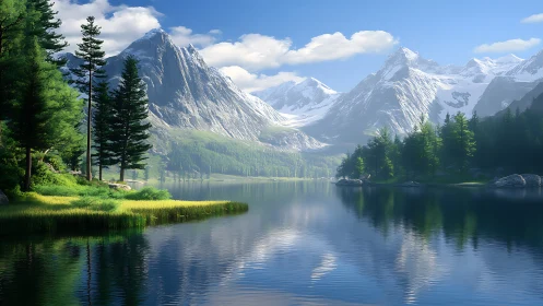 Alpine lake with conifer forest and snow covered mountains.