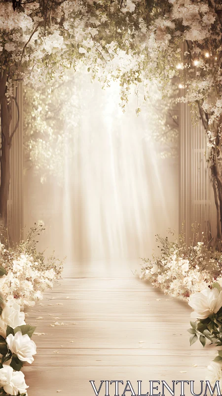 Wooden aisle framed by white blossoms and soft sun rays