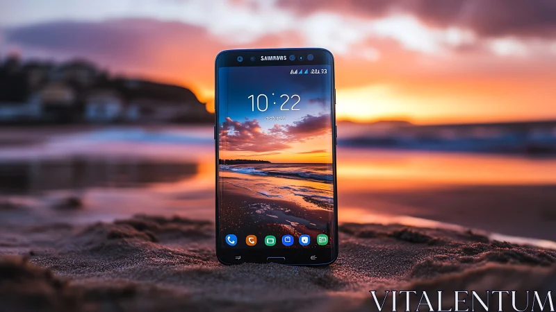 Samsung Galaxy Smartphone Displaying Sunset Seascape Wallpaper on Beach Sand