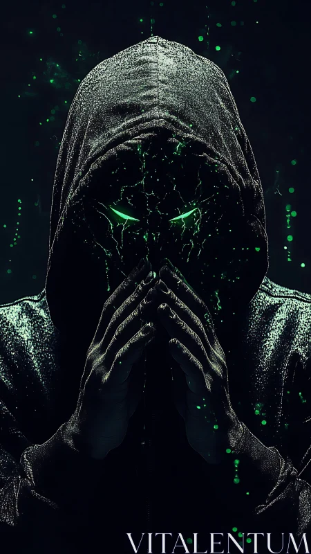 Hooded digital specter hides cracked neon face in shadows