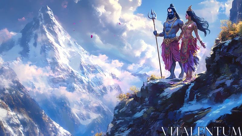 Two mythological figures stand on a cliff above snowy mountains