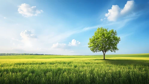 Isolated deciduous tree in sunlit spring meadow under blue sky