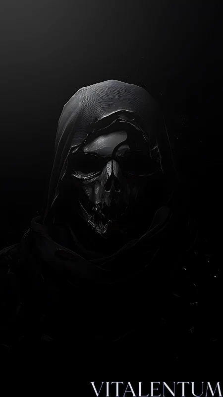 Hooded skeletal wraith emerging from deep black void.