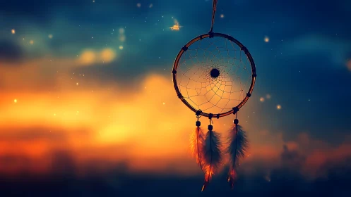 Dreamcatcher glows against a mystical twilight skyscape.