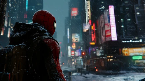 Spider-themed hero in snowy neon city street at night.