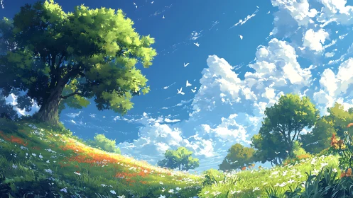 Digital painting landscape with luminous meadow perspective.