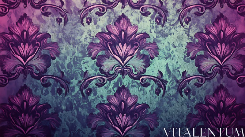 Baroque neon florals bloom across twilight damask walls.