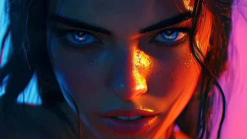 Neon keyed close-up portrait renders hyperreal skin microdetail