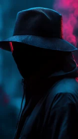 Silhouetted figure in hat under neon cyan and magenta light.