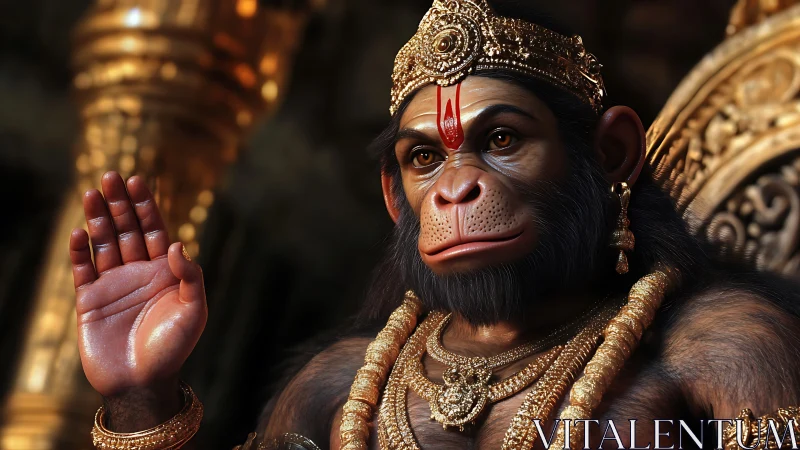 Regal simian deity in ornate golden temple setting.