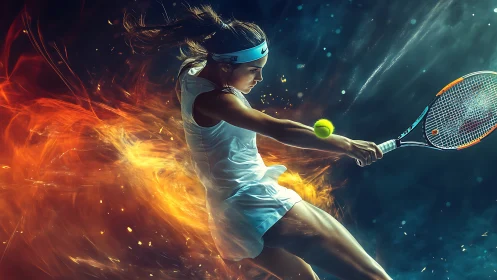 Tennis player strikes glowing ball amid fiery energy trails