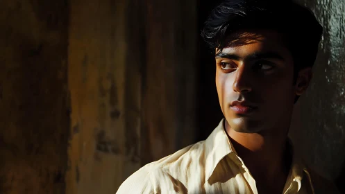 Young man gazes sideways under strong directional light