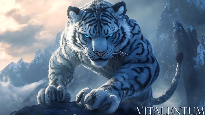 White tiger stalks icy mountain ridge with intense blue gaze