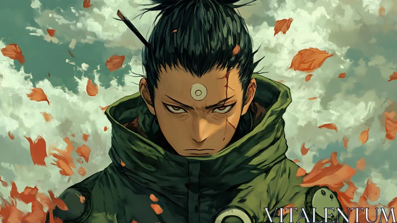 Storm-eyed wanderer in swirling autumn battle calm.