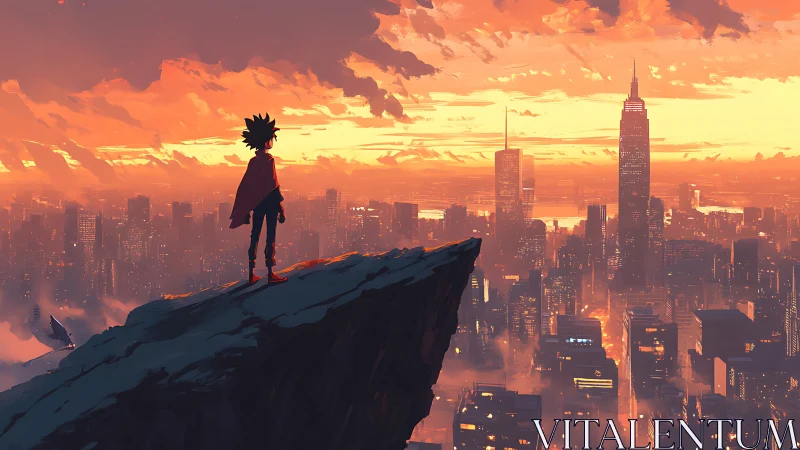 Sunset hero quietly watches a glowing city awaken below