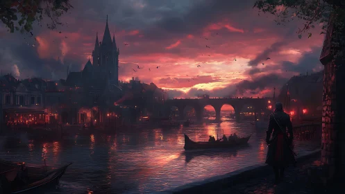 Wanderer pauses by a glowing riverside city at dusk.