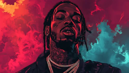 Digital portrait of rapper over red and teal smoke clouds.