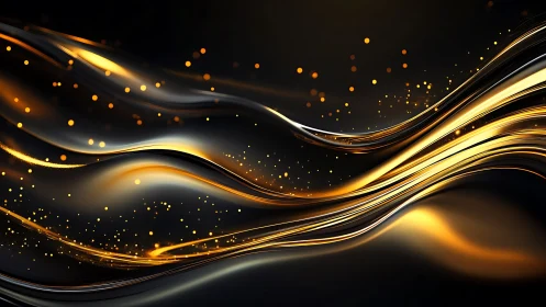 Metallic golden light waves on dark abstract background.