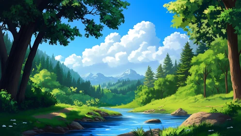 Mountain Valley Landscape with River and Forest Scenery