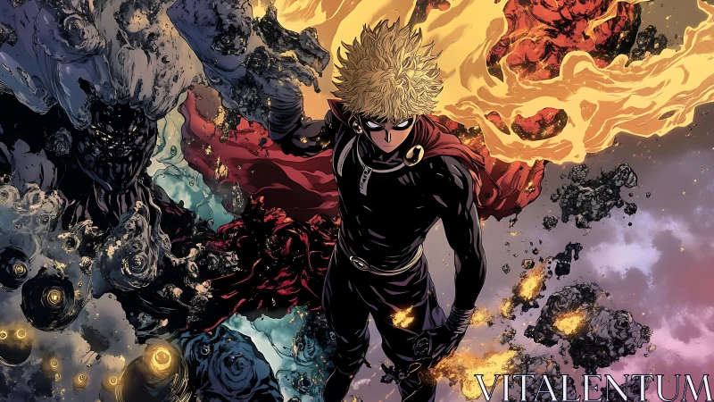 Masked hero amid cosmic fire and shadow entities.