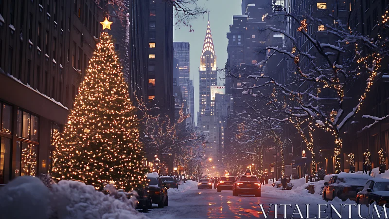 Snowy city street glowing with cozy holiday lights at dusk.