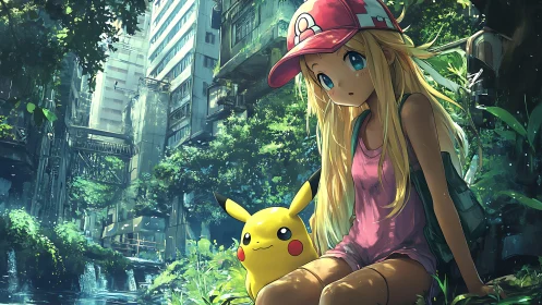 Curious girl and Pikachu rest in a lush overgrown city refuge