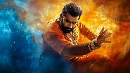 Dynamic warrior portrait in dual-toned elemental energy field.