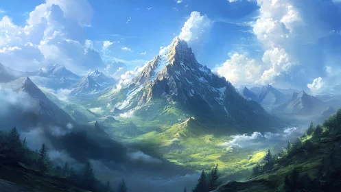 Mountain peak rises above green valley under bright sky
