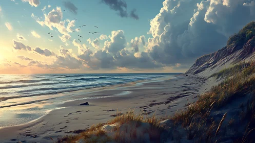 Coastal dunes under glowing sunset clouds by tranquil sea.