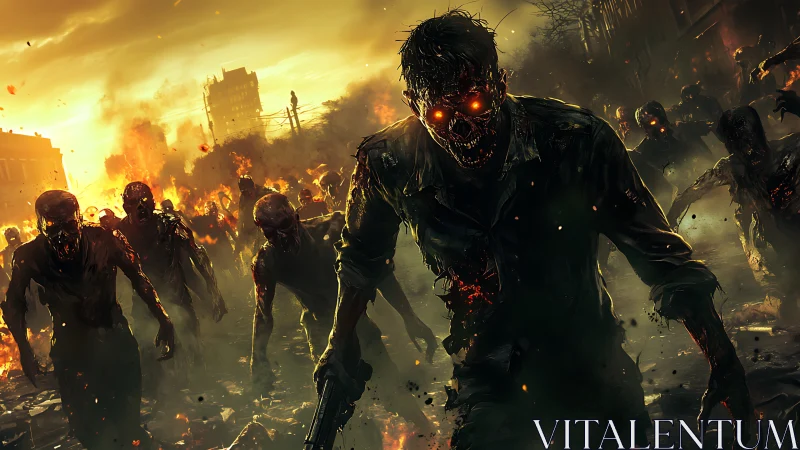 Incendiary urban zombie horde under cinematic golden sunset