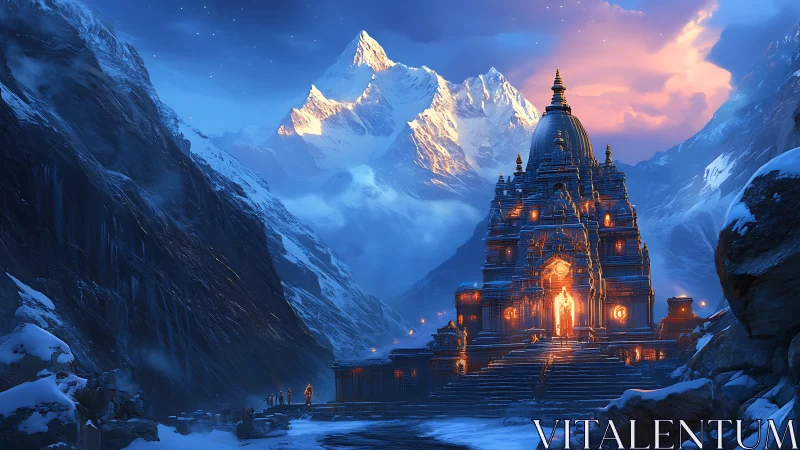 Mountain temple structure is illuminated against twilight sky