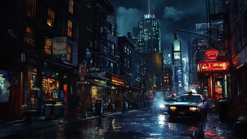 Nocturnal rainfall taxis in neon-saturated urban canyon street.