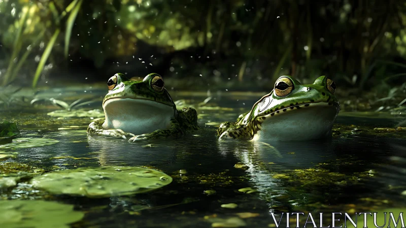 Pondside frog duo bask in dappled light and drifting insects.