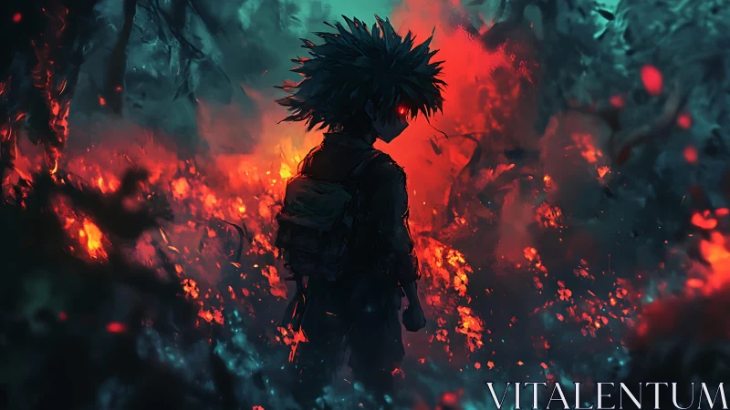 Silhouetted anime boy stands in burning forest at night