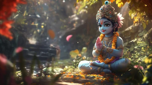 Child deity figure sits in forest clearing with folded hands