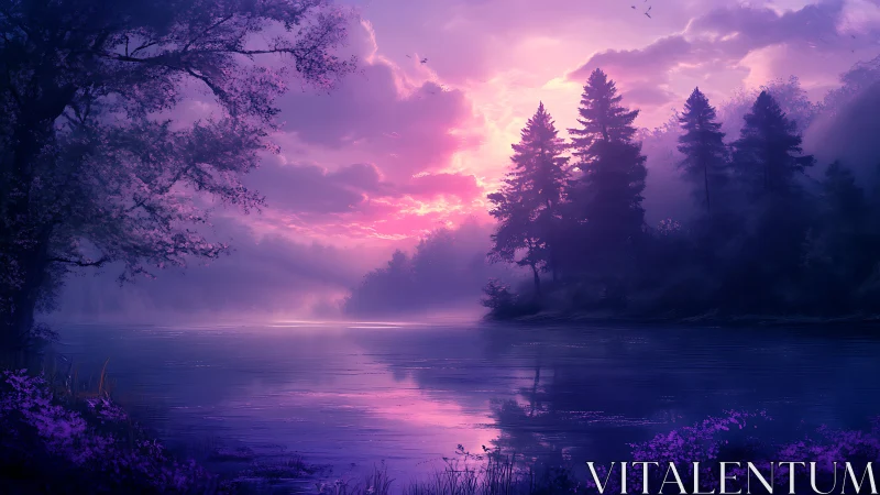 Mist laden conifer lake at magenta violet twilight glow
