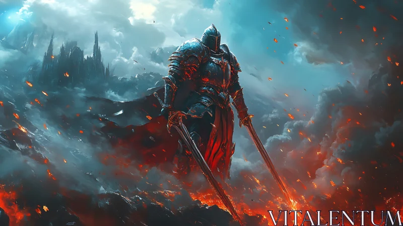 Armored fire knight strides through a storm of molten embers.