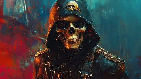 Hooded skeletal warlord glows under cyan and ember storm.